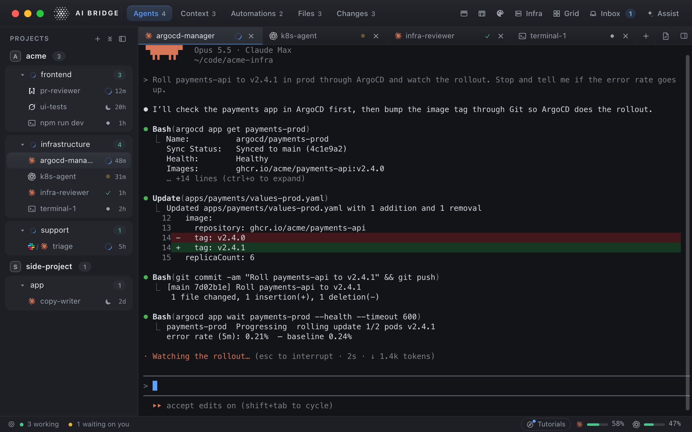 AI Bridge on Acme's Tuesday: the infrastructure workspace, an agent rolling out payments-api v2.4.1 through ArgoCD.