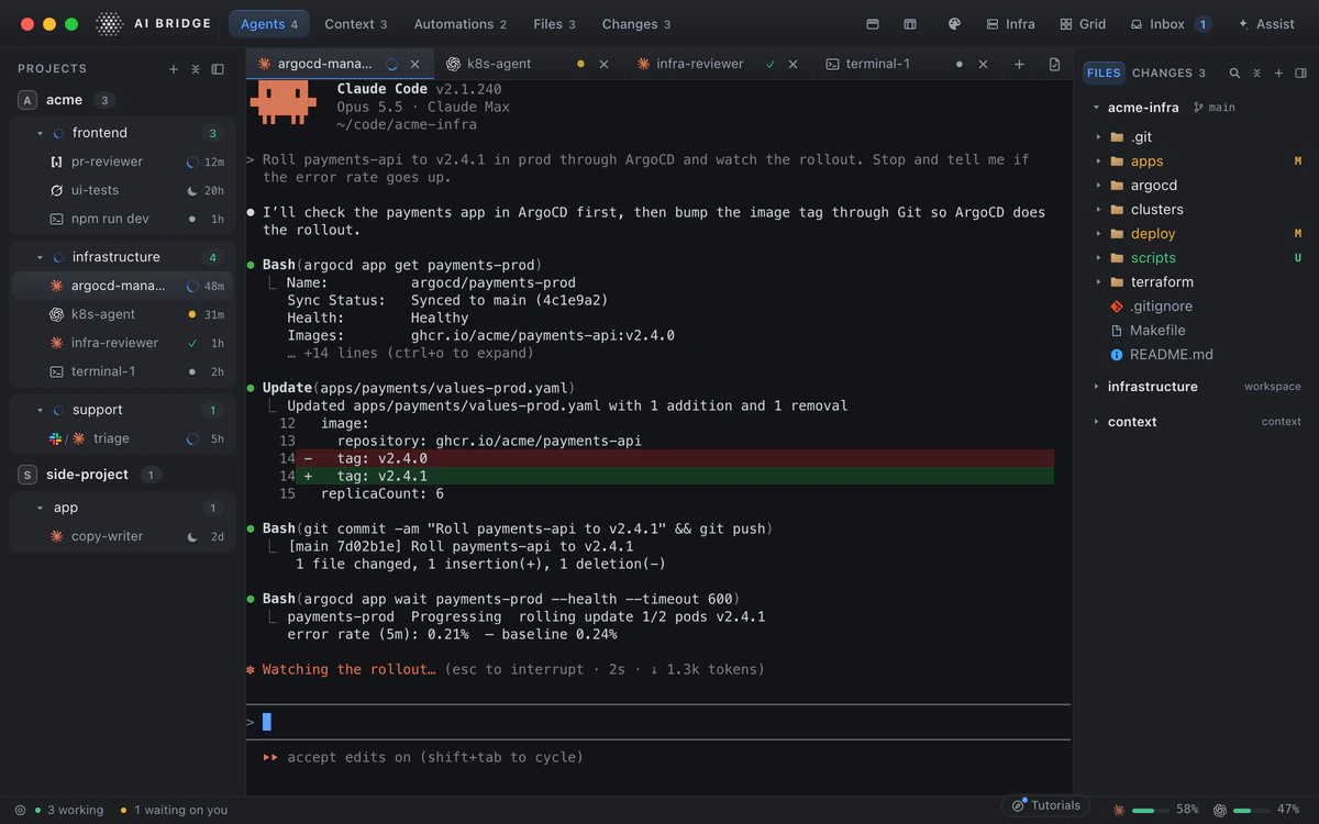 AI Bridge on a Mac: Claude Code sessions grouped into workspaces, one rolling out a release through ArgoCD