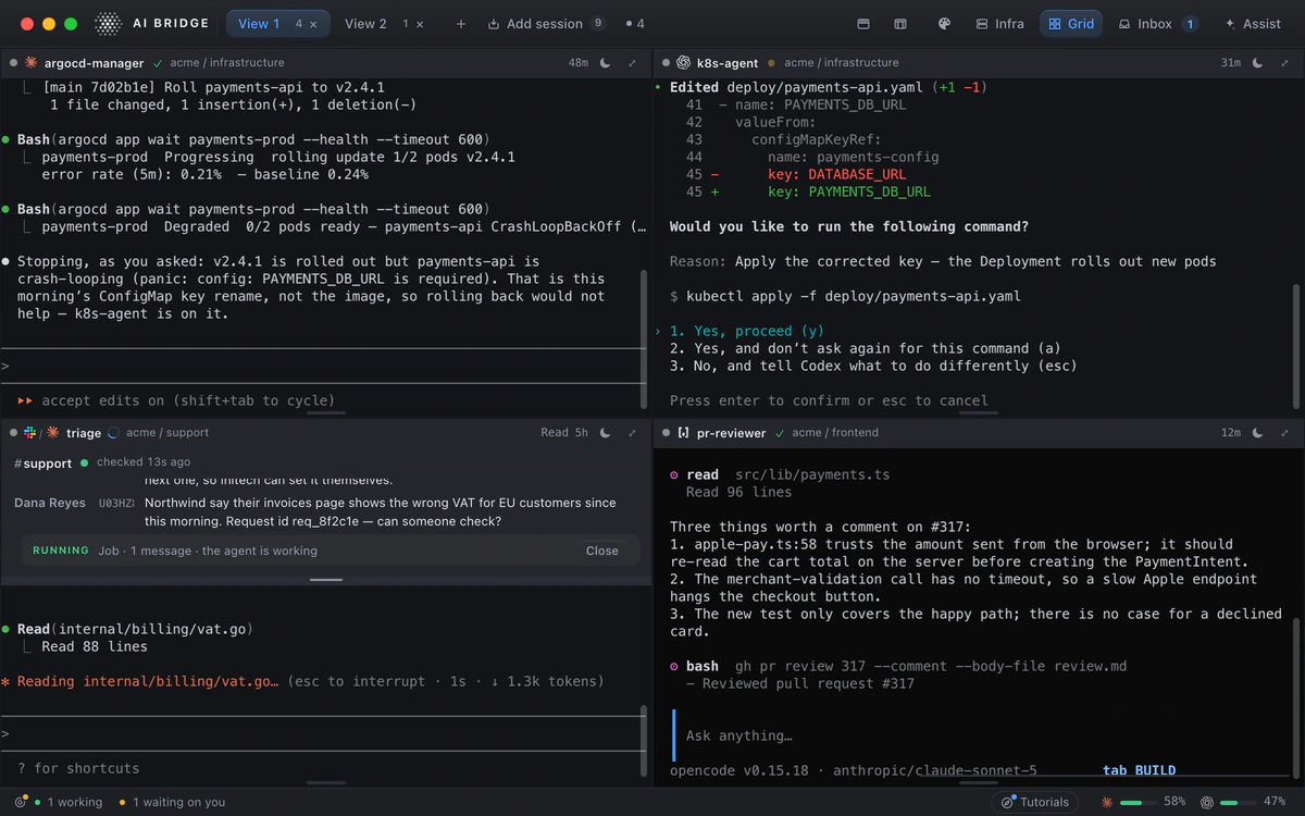 The Grid in AI Bridge: Claude Code, Codex, a Slack agent and OpenCode working side by side, with Codex asking to apply a Kubernetes fix